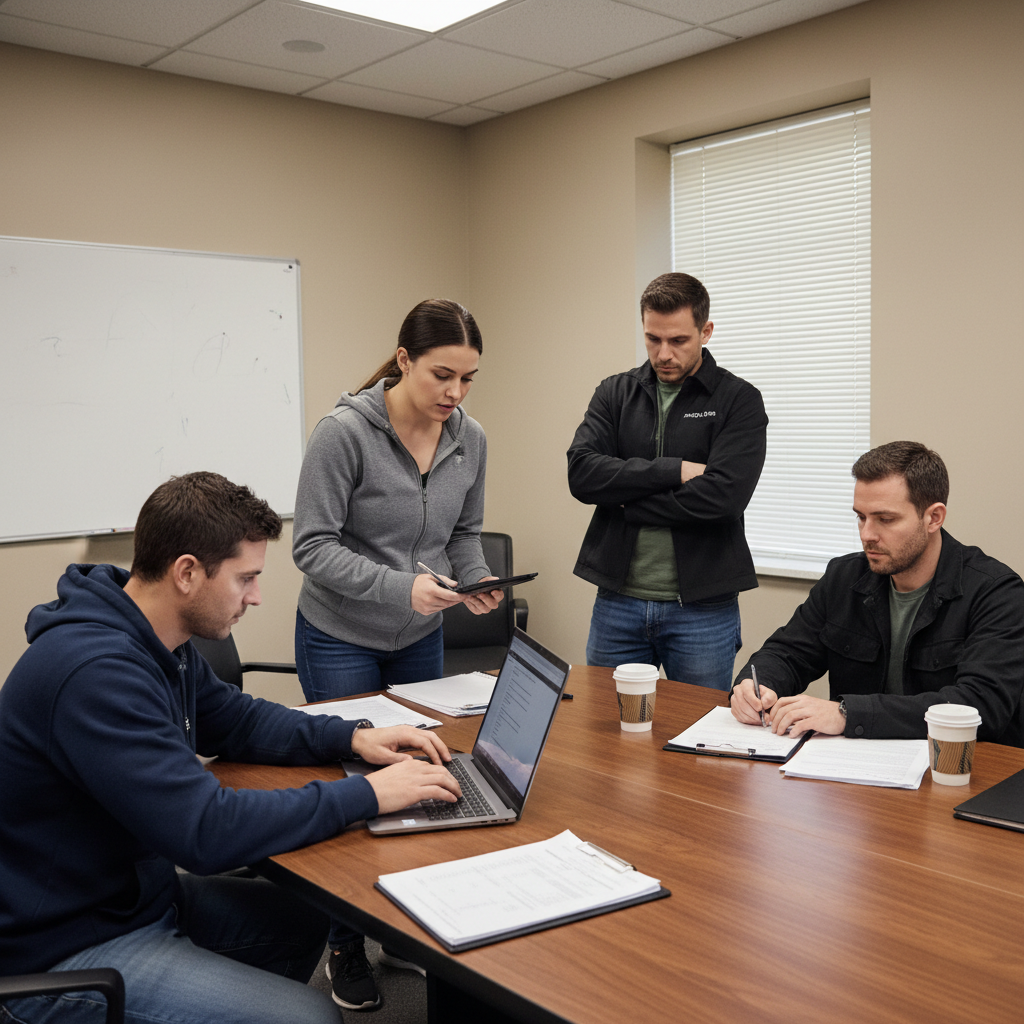 Three colleagues collaborate in a conference room while one man works on a laptop, a woman reviews a tablet, and another man writes on documents.