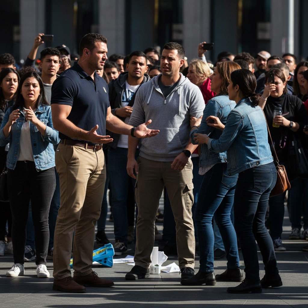A group of people stands in an outdoor plaza while two men in the foreground gesture during a conversation.