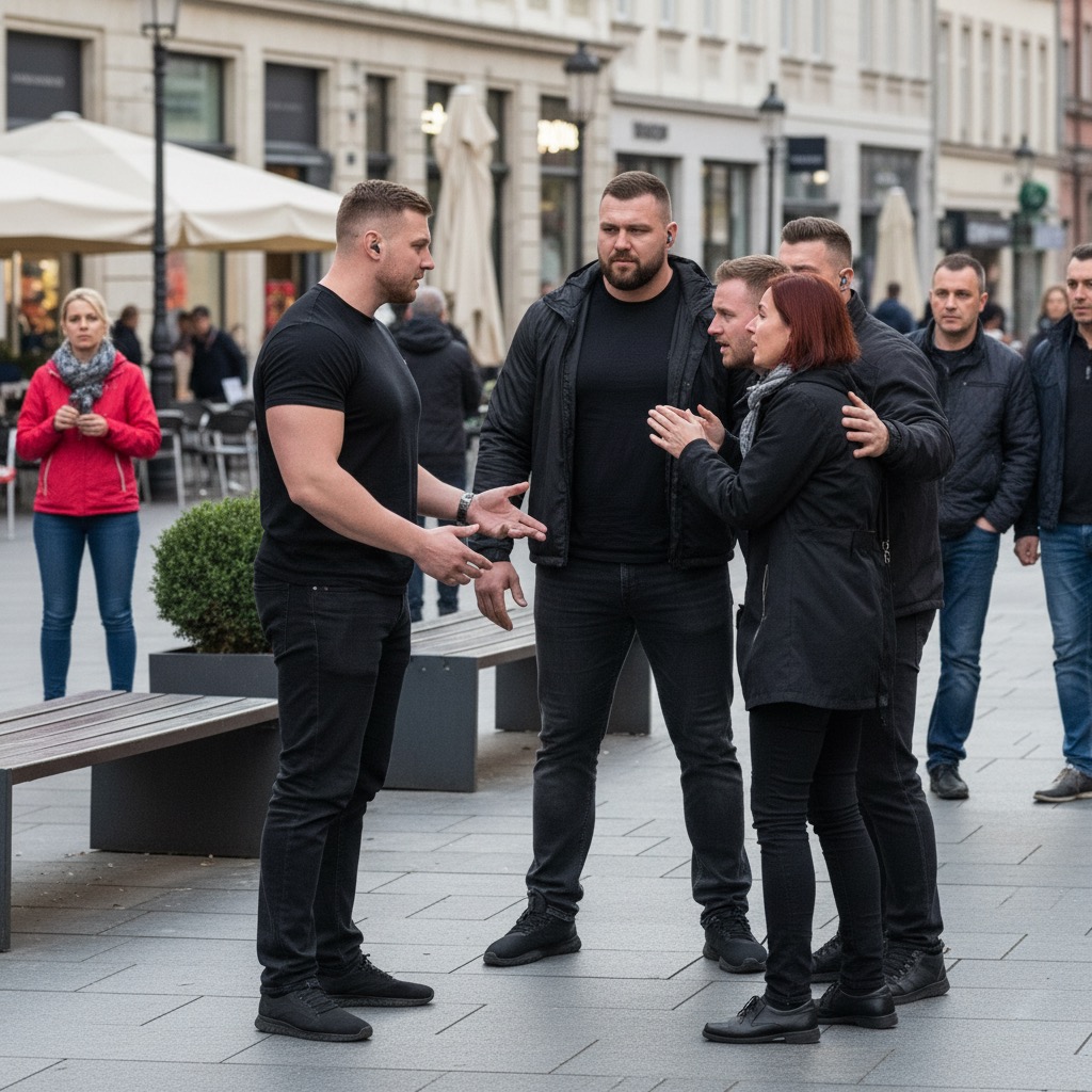 A group of security personnel in black clothing stand on a pedestrian street while interacting with a woman.