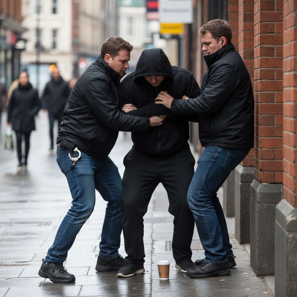 Two plainclothes officers in black jackets and jeans detain a man in a black hoodie on a city sidewalk.